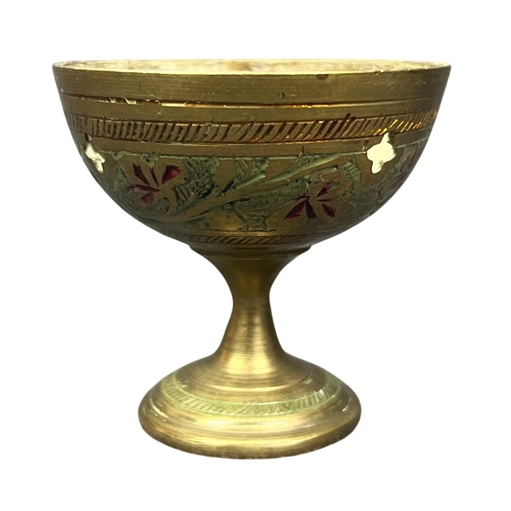 Vintage SARNA India Brass‎ Pedestal Incense Chalice Bowl Floral Etched Cutout
